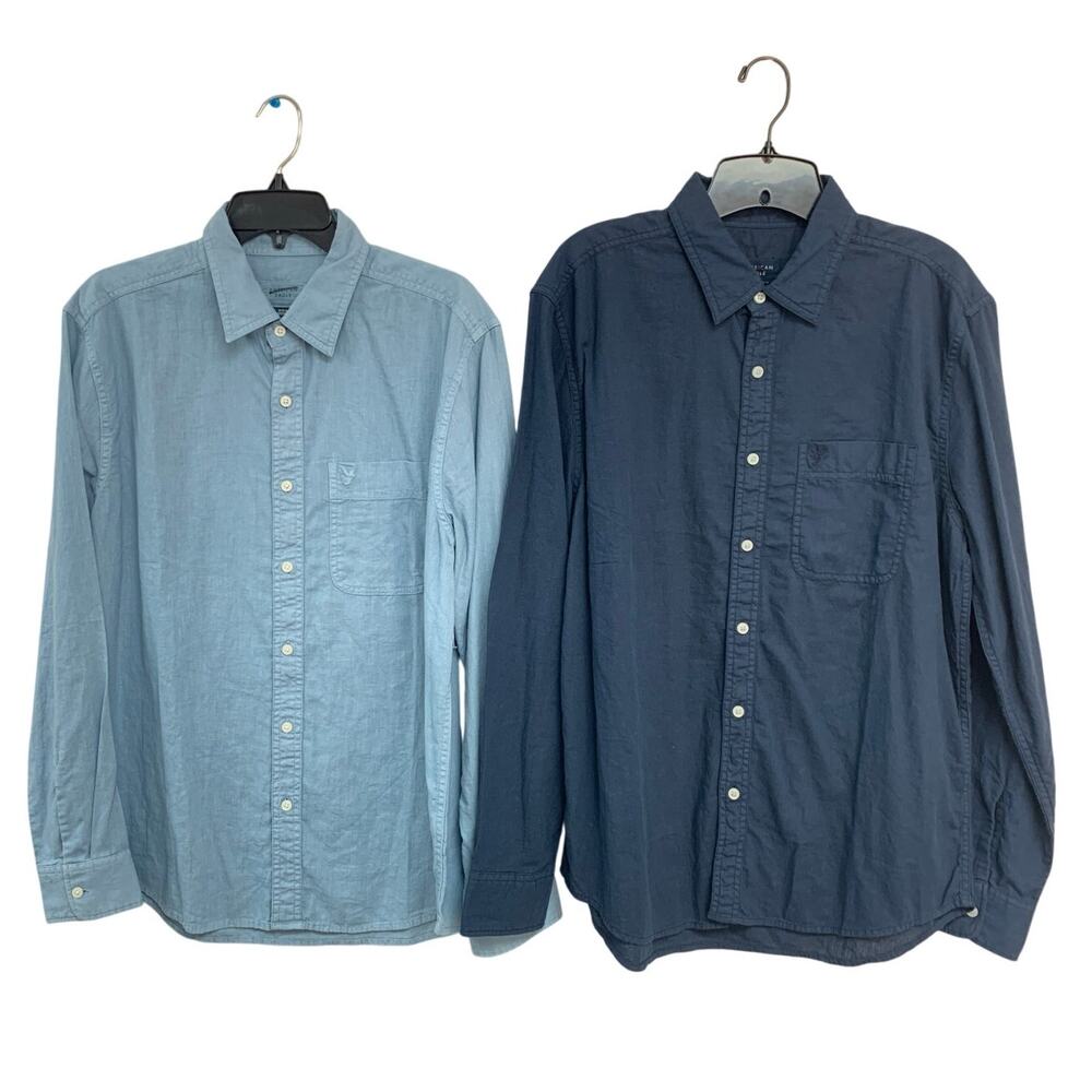 2 New American Eagle Mens Medium Blue Cotton Linen Long Sleeve Button Up Shirts - Picture 1 of 4